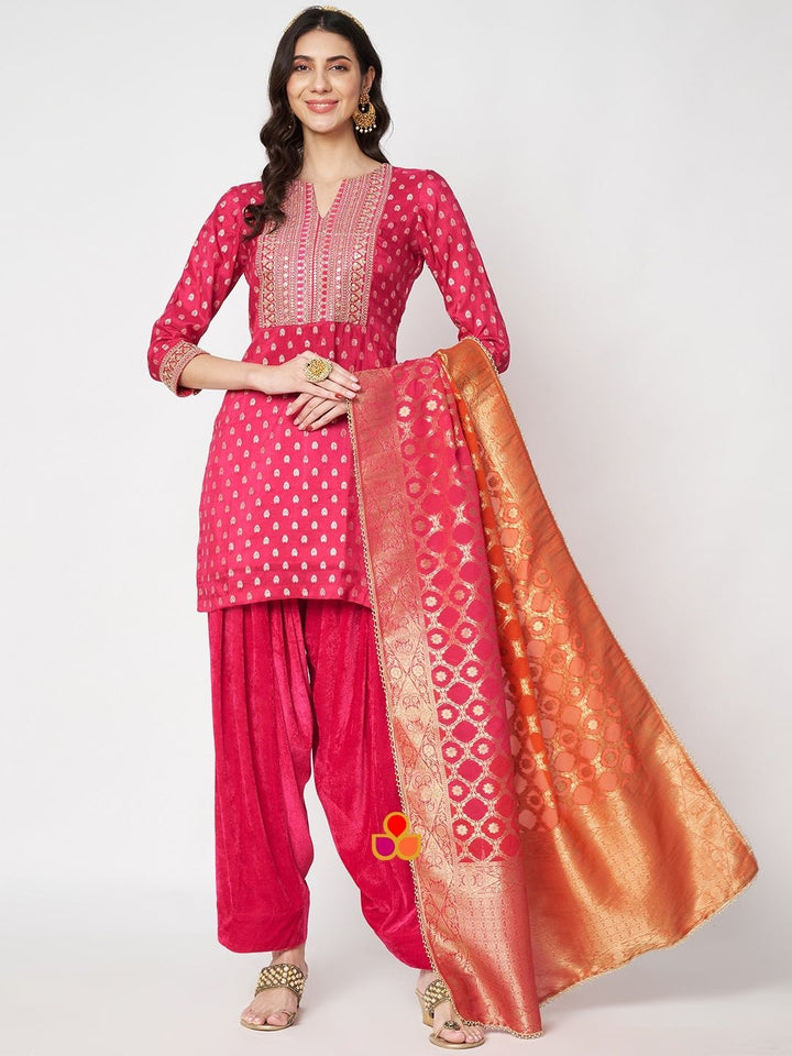 anokherang Combos Deepika Rose Pink Silk Straigh Kurti with Salazzo and Shaded Banarsi Georgette Dupatta