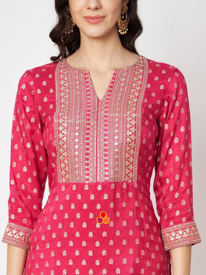 anokherang Combos Deepika Rose Pink Silk Straigh Kurti with Salazzo and Shaded Banarsi Georgette Dupatta