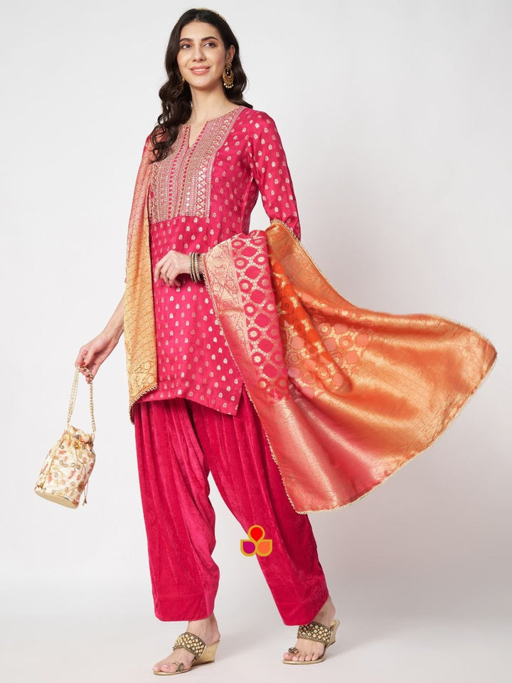 anokherang Combos Deepika Rose Pink Silk Straigh Kurti with Salazzo and Shaded Banarsi Georgette Dupatta