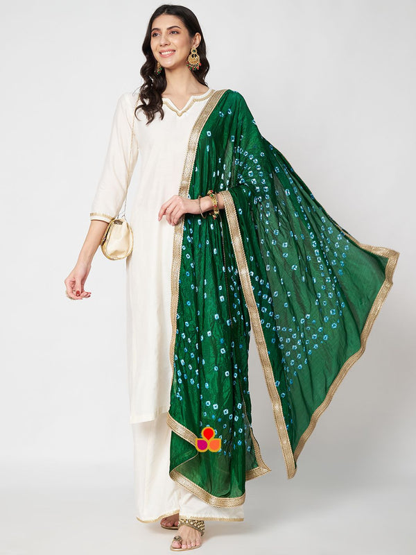 anokherang Combos Freedom Straight Kurti with Palazzos and Green Bandhej Dupatta