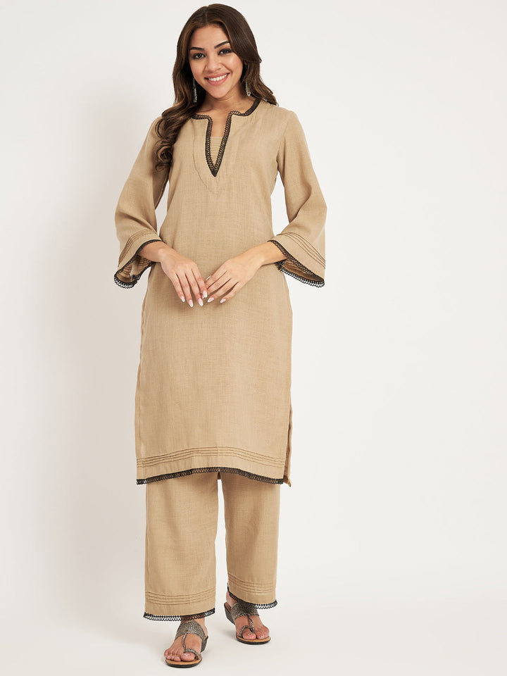 anokherang Combos French Beige Straight Kurti with Straight Palazzo and Dupatta