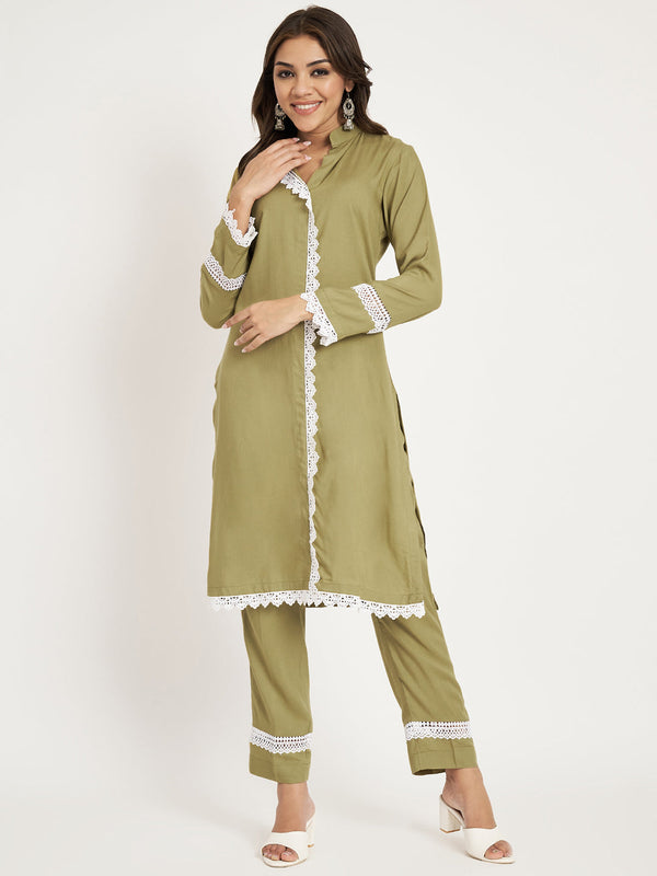 anokherang Combos Gladiolus Green Straight Kurti With Straight Pants