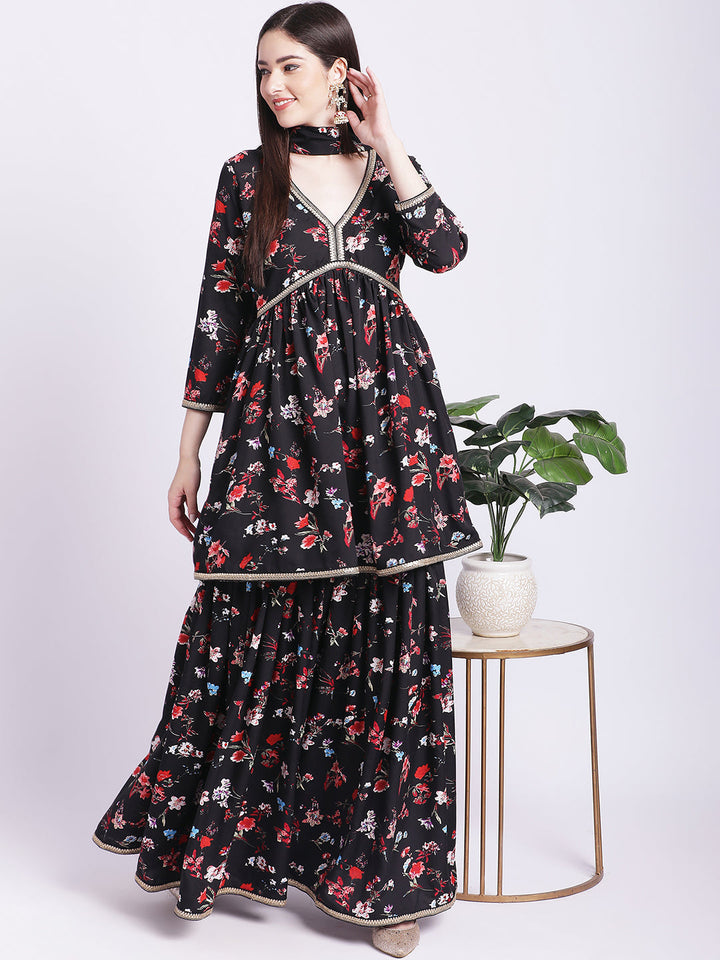 anokherang Combos Glorious Black Floral Gathered Kurti with Gathered  Sharara and Dupatta