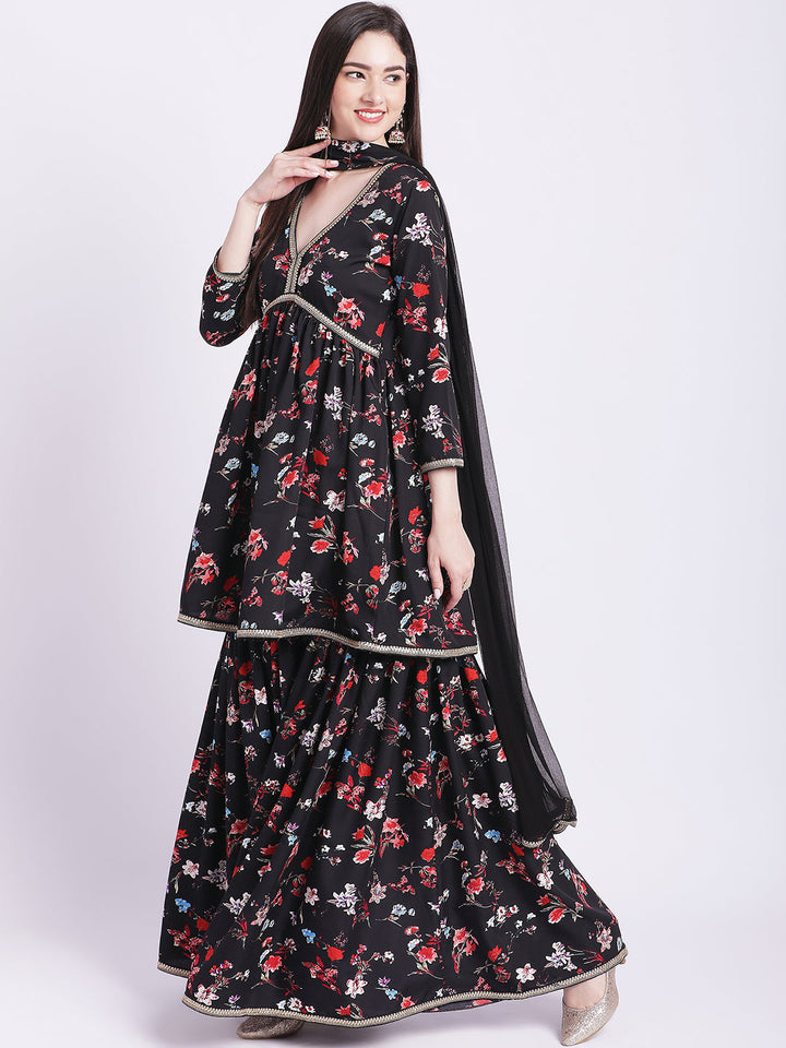 anokherang Combos Glorious Black Floral Gathered Kurti with Gathered  Sharara and Dupatta