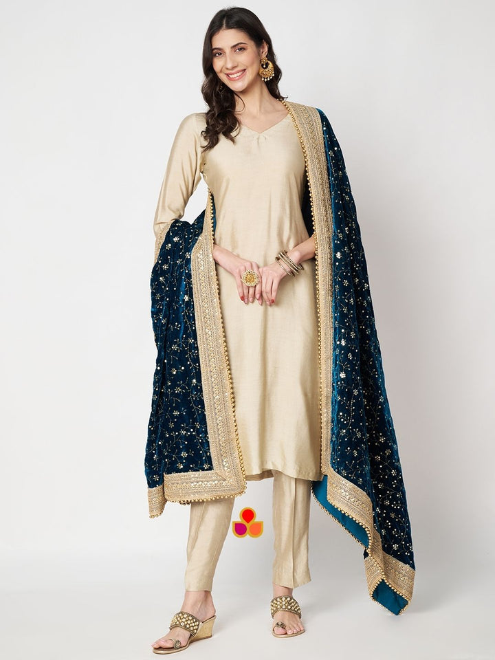 anokherang Combos Glorious Ivory Silk Straight Kurti with Pants and Embroidered Teal Green Velvet Dupatta