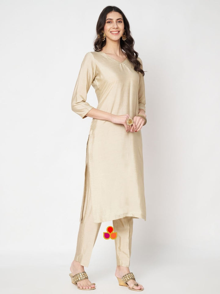 anokherang Combos Glorious Ivory Silk Straight Kurti with Pants and Embroidered Teal Green Velvet Dupatta