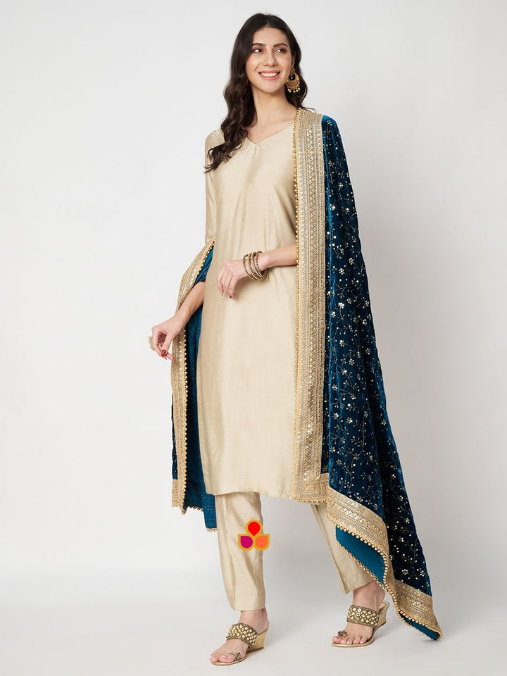 anokherang Combos Glorious Ivory Silk Straight Kurti with Pants and Embroidered Teal Green Velvet Dupatta