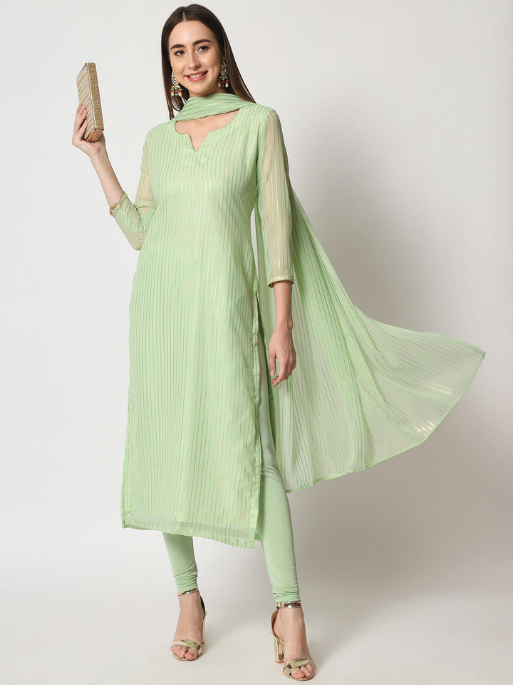 anokherang Combos Green Glam Foil Lines Straight Kurti with Chudidar and Foil Dupatta