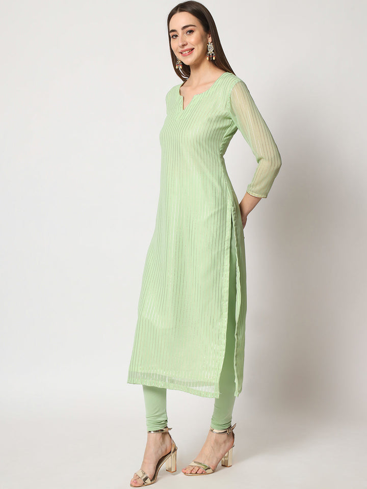 anokherang Combos Green Glam Foil Lines Straight Kurti with Churidar