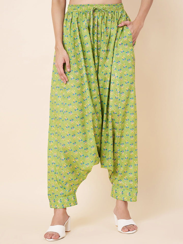 anokherang Combos Green Printed Top with Harem Pants