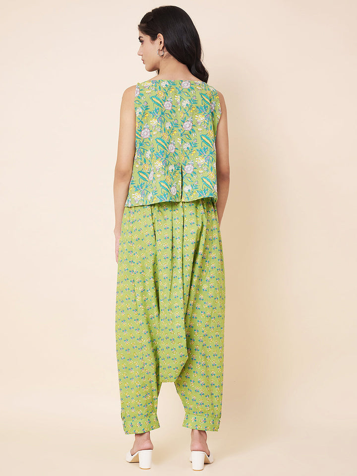 anokherang Combos Green Printed Top with Harem Pants