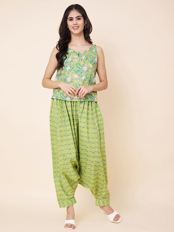 anokherang Combos Green Printed Top with Harem Pants