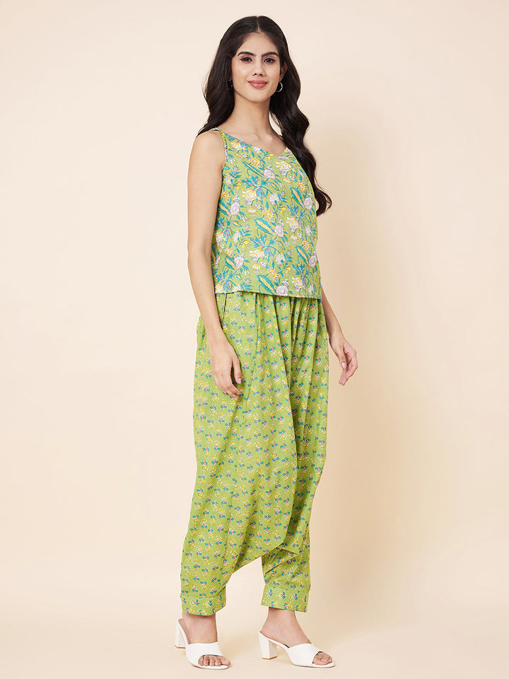 anokherang Combos Green Printed Top with Harem Pants