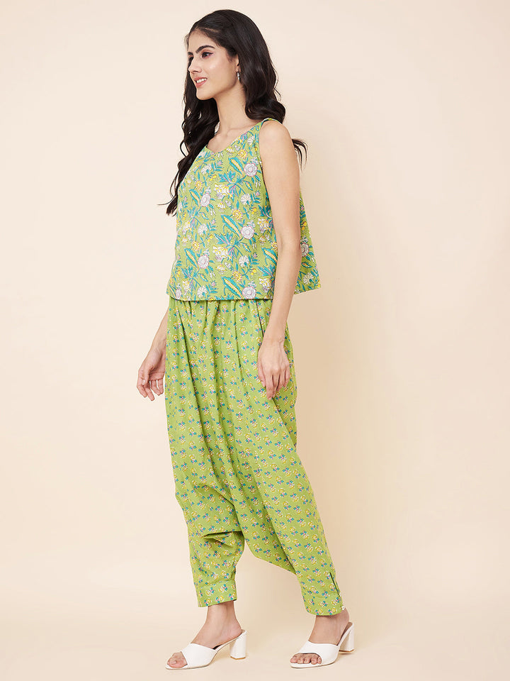 anokherang Combos Green Printed Top with Harem Pants