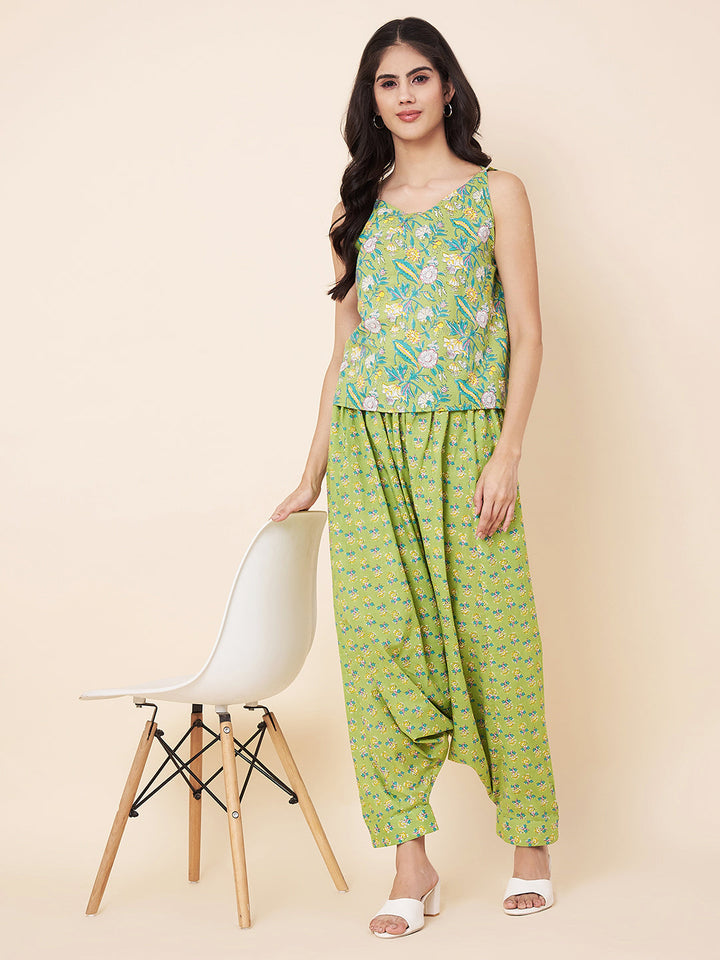 anokherang Combos Green Printed Top with Harem Pants