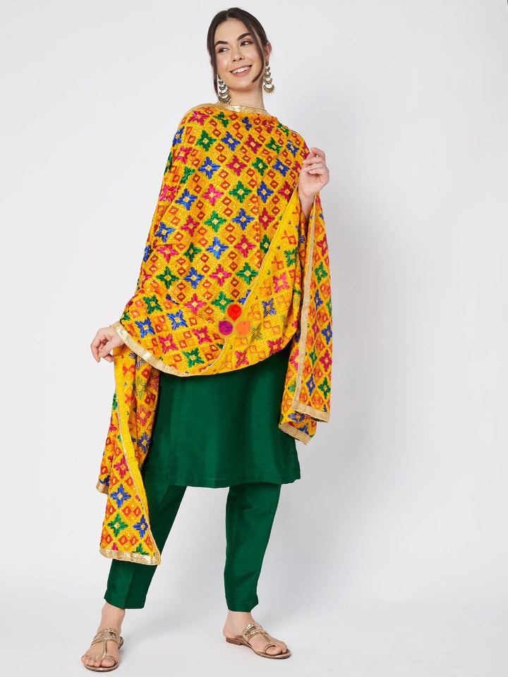 anokherang Combos Green Silk Straight Kurti with Straight Pants and Splashing Colors Phulkari Dupatta