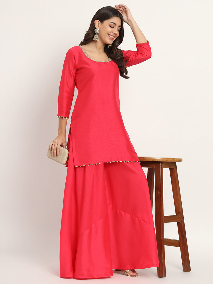 anokherang Combos Happy Pink Pearl Silk Kurti with Flared Palazzo