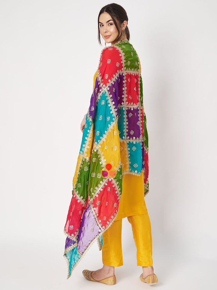 anokherang Combos Jugni Mustard  Silk Kurti with Straight Pants and Multicolor Organza Dupatta