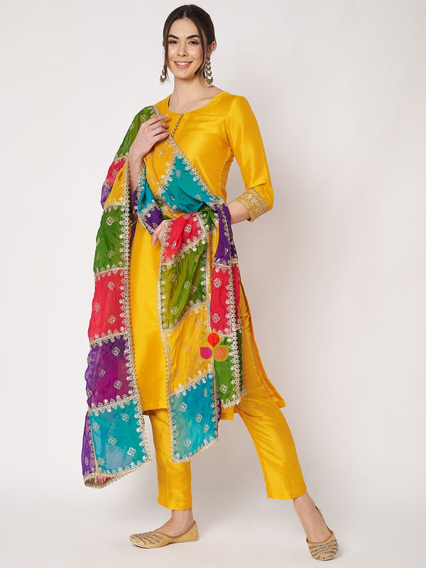 anokherang Combos Jugni Mustard  Silk Kurti with Straight Pants and Multicolor Organza Dupatta