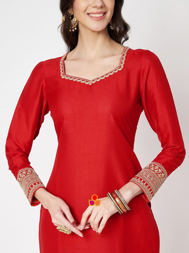 anokherang Combos Kareena Red Straight Silk Kurti with Pants and Embroidered Silk Bandhej Dupatta