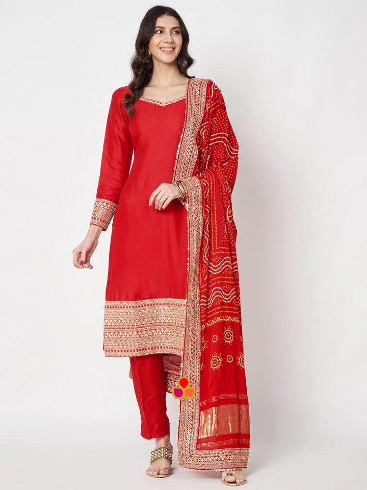 anokherang Combos Kareena Red Straight Silk Kurti with Pants and Embroidered Silk Bandhej Dupatta