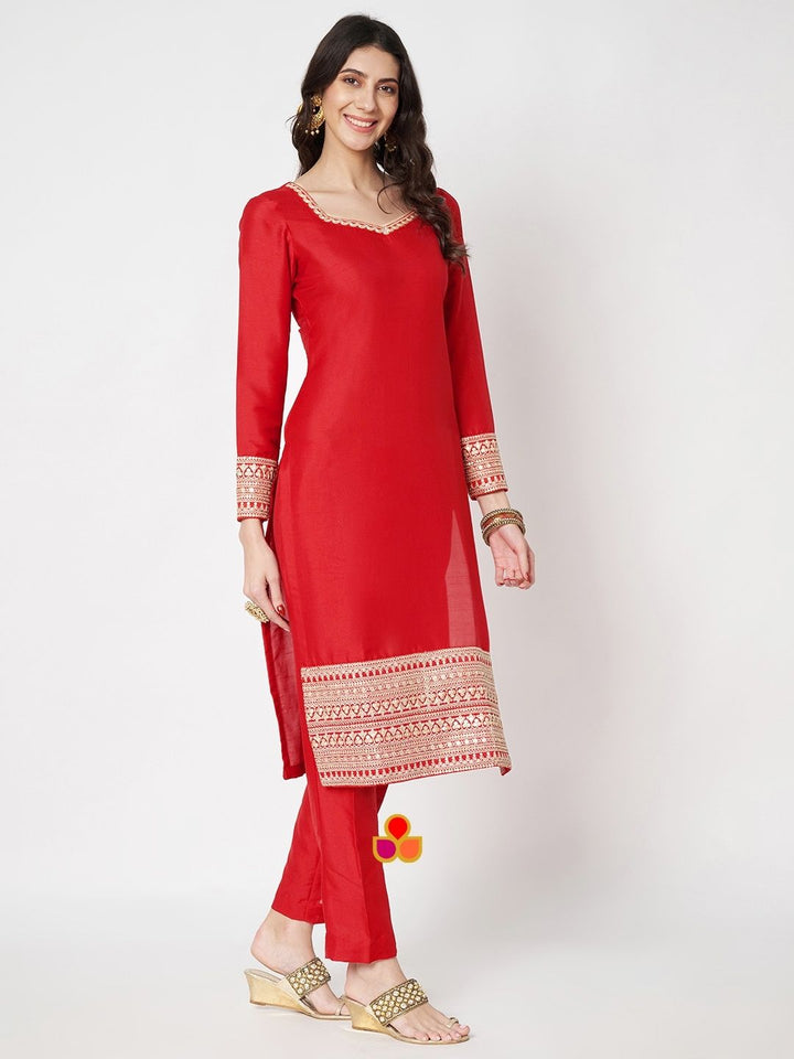 anokherang Combos Kareena Red Straight Silk Kurti with Pants and Embroidered Silk Bandhej Dupatta