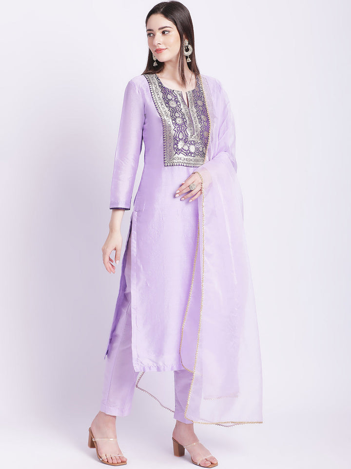 anokherang Combos Lilac and Purple Banarasi Yoke Kurti with Straight Pants and Dupatta