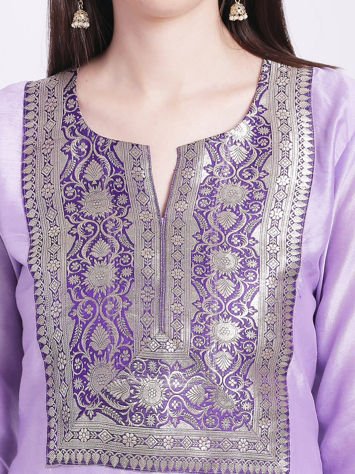 anokherang Combos Lilac and Purple Banarasi Yoke Kurti with Straight Pants and Dupatta