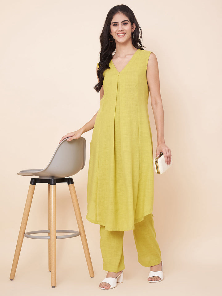 anokherang Combos Limeade Linen Asymetrical Kurti Palazzos