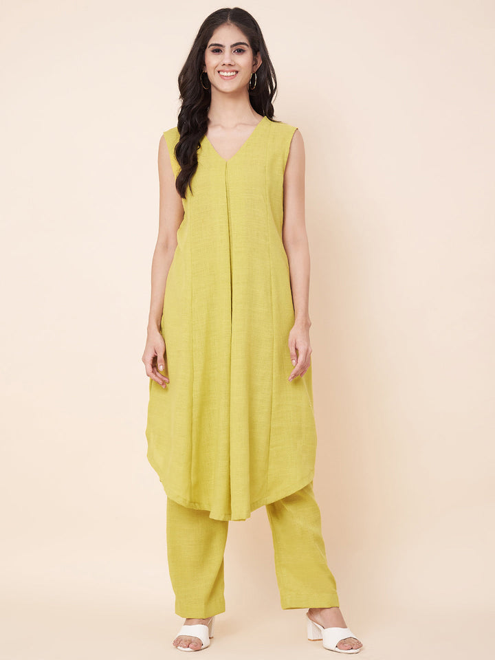 anokherang Combos Limeade Linen Asymetrical Kurti Palazzos