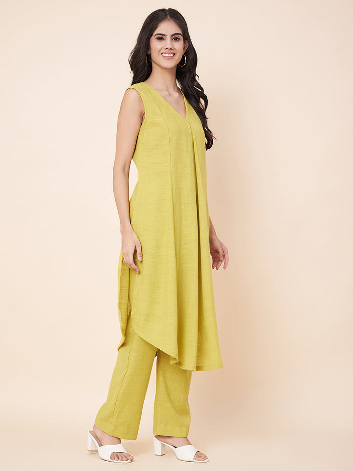 anokherang Combos Limeade Linen Asymetrical Kurti Palazzos