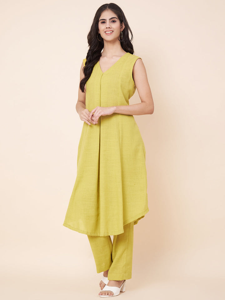 anokherang Combos Limeade Linen Asymetrical Kurti Palazzos