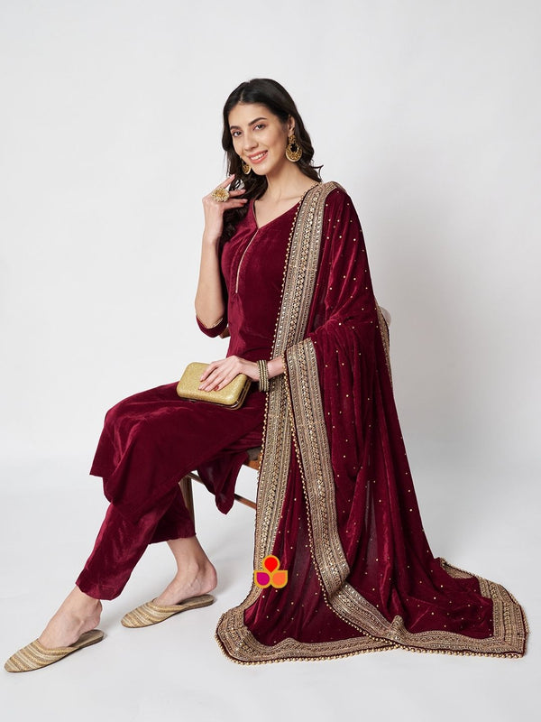 anokherang Combos Maharani Maroon Velvet Straight Kurti with Pants and Embroidered Velvet Dupatta