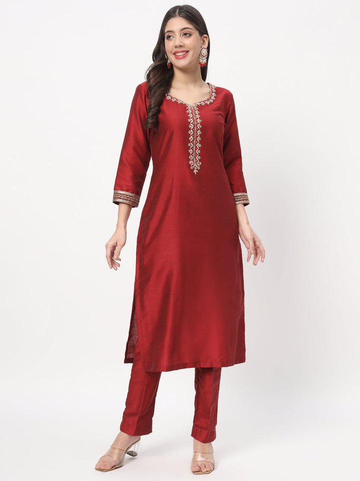 anokherang Combos Maroon Embroidered Straight Kurta with Straight Pants