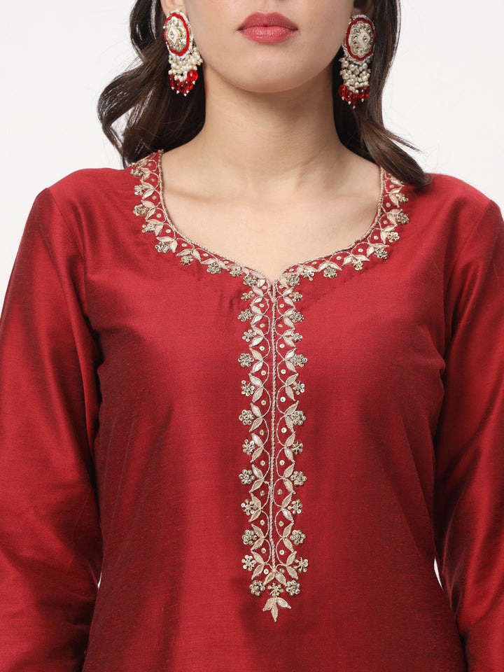 anokherang Combos Maroon Embroidered Straight Kurta with Straight Pants