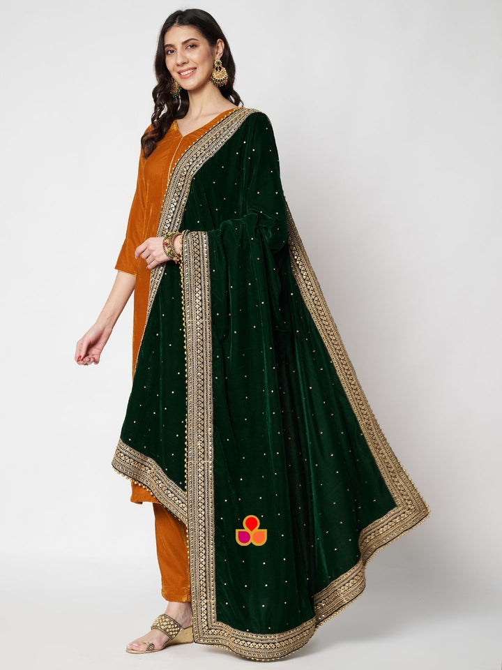 anokherang Combos Marvelous Mustard Velvet Straight Kurti with Pants and Green Velvet Dupatta