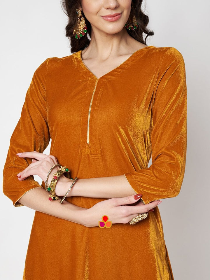 anokherang Combos Marvelous Mustard Velvet Straight Kurti with Pants and Green Velvet Dupatta