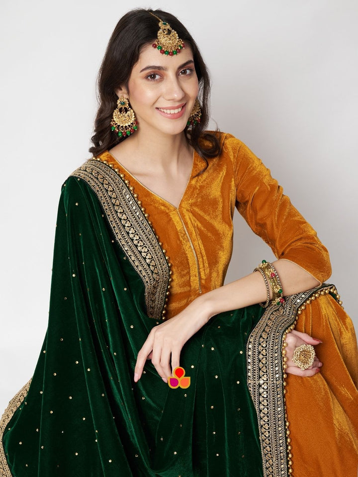 anokherang Combos Marvelous Mustard Velvet Straight Kurti with Pants and Green Velvet Dupatta