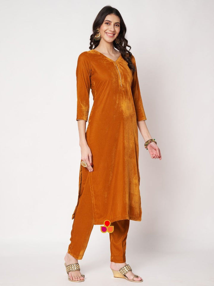 anokherang Combos Marvelous Mustard Velvet Straight Kurti with Pants and Green Velvet Dupatta