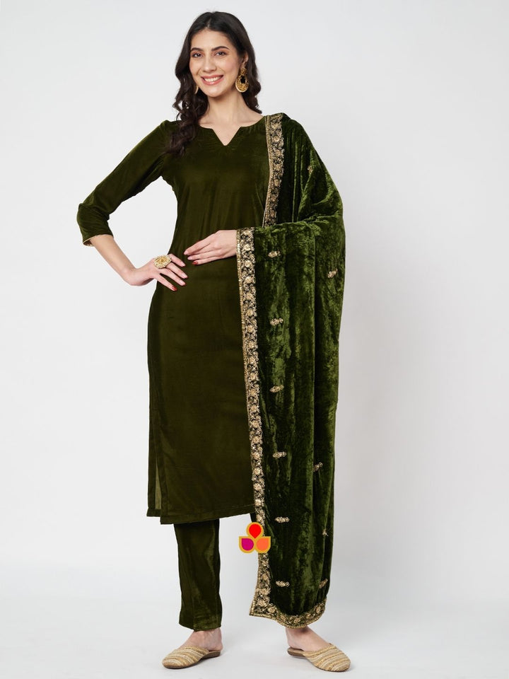 anokherang Combos Moss Green Velvet Straight Kurti with Pants Embroidered Velvet Dupatta