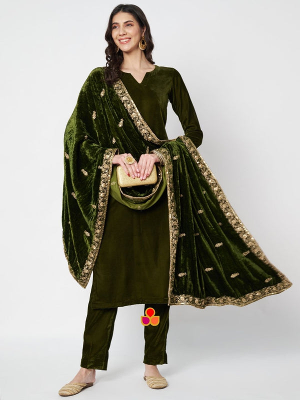 anokherang Combos Moss Green Velvet Straight Kurti with Pants Embroidered Velvet Dupatta