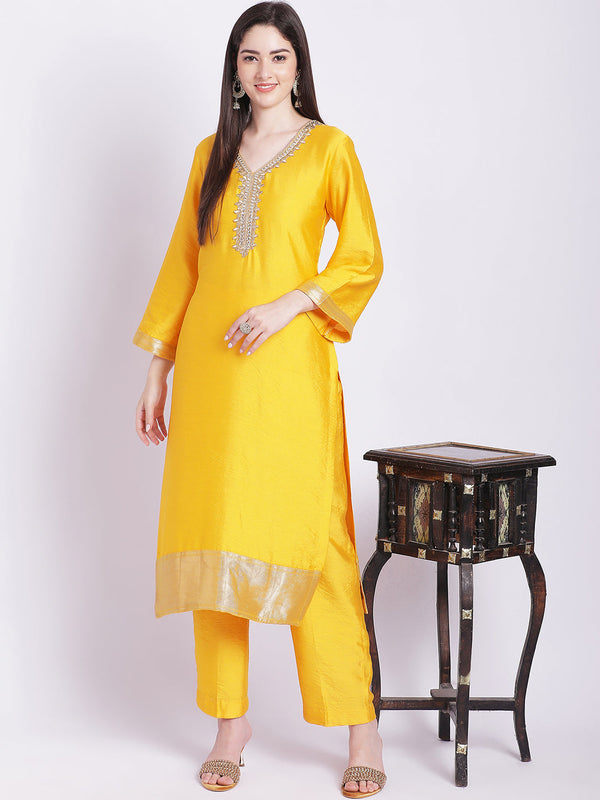 anokherang Combos Mustard Banarsi Straight Kurti with Pants