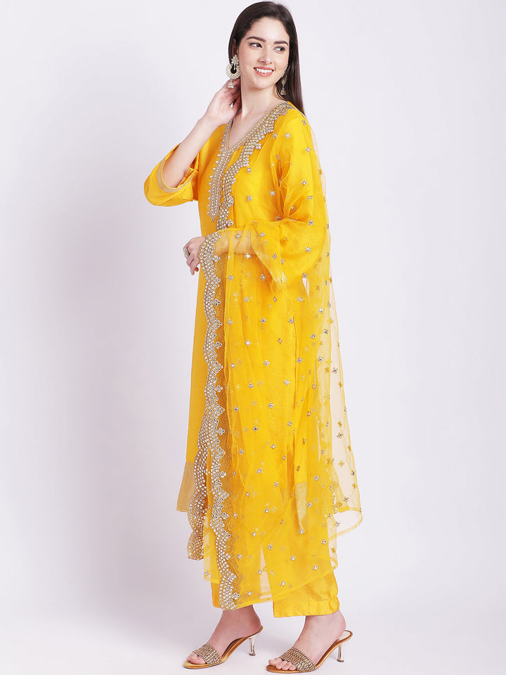 anokherang Combos Mustard Banarsi Straight Kurti with Pants and Dupatta