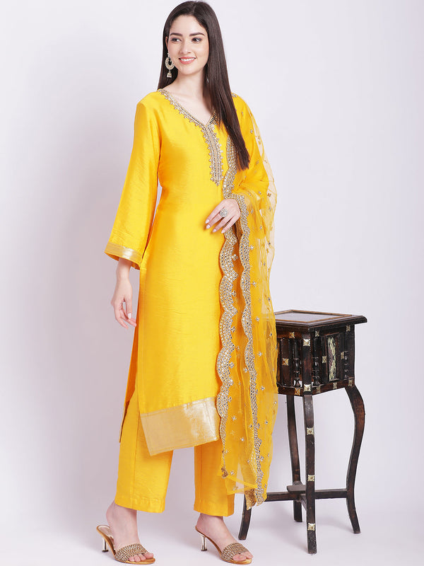 anokherang Combos Mustard Banarsi Straight Kurti with Pants and Dupatta