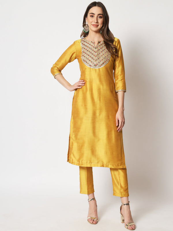 anokherang Combos Mustard Embroidered Straight Kurti with Straight Pants