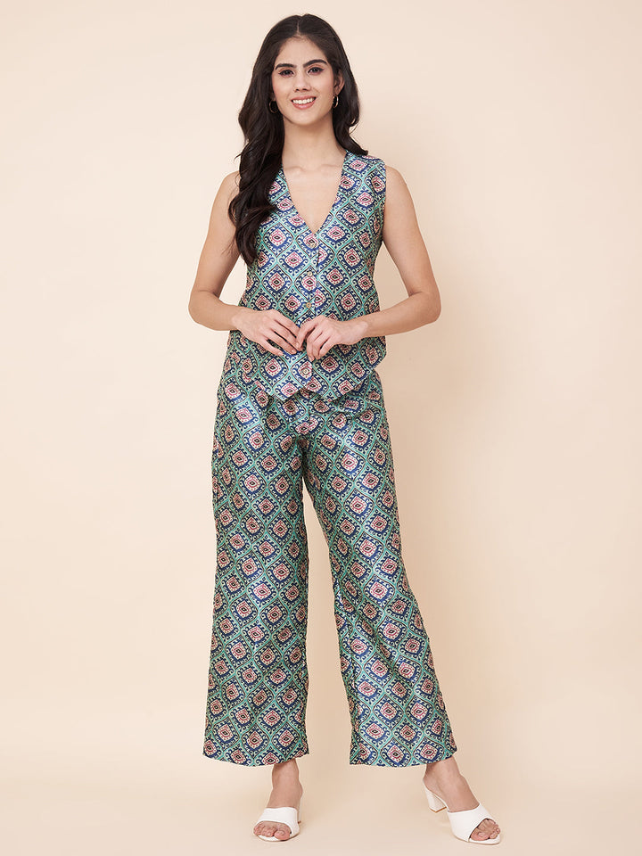 anokherang Combos Pastel Blue Printed Waist Coat Top with Pants