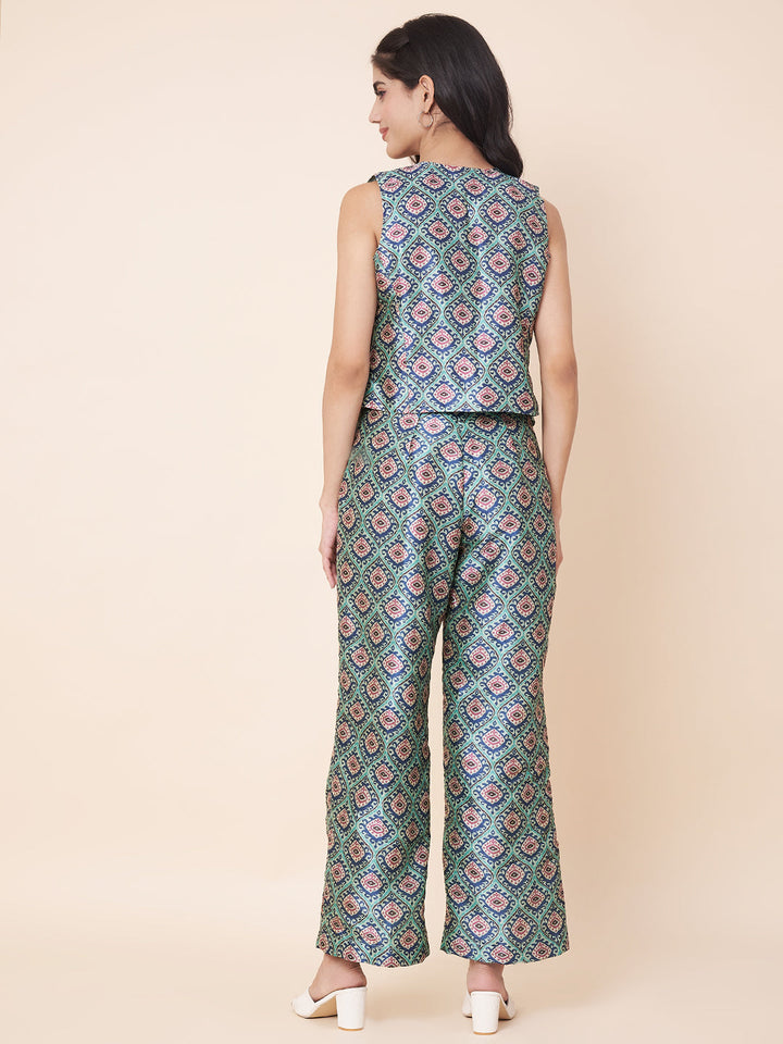 anokherang Combos Pastel Blue Printed Waist Coat Top with Pants