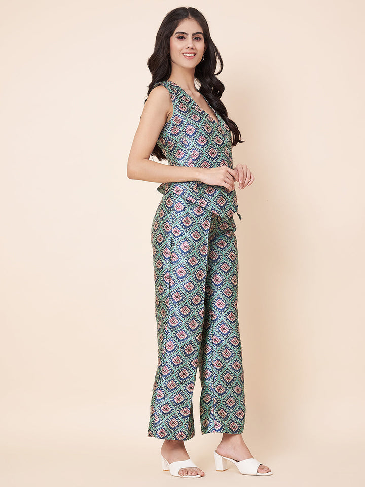 anokherang Combos Pastel Blue Printed Waist Coat Top with Pants