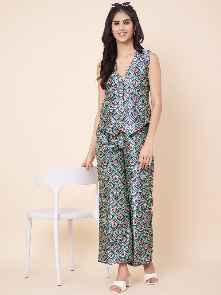 anokherang Combos Pastel Blue Printed Waist Coat Top with Pants