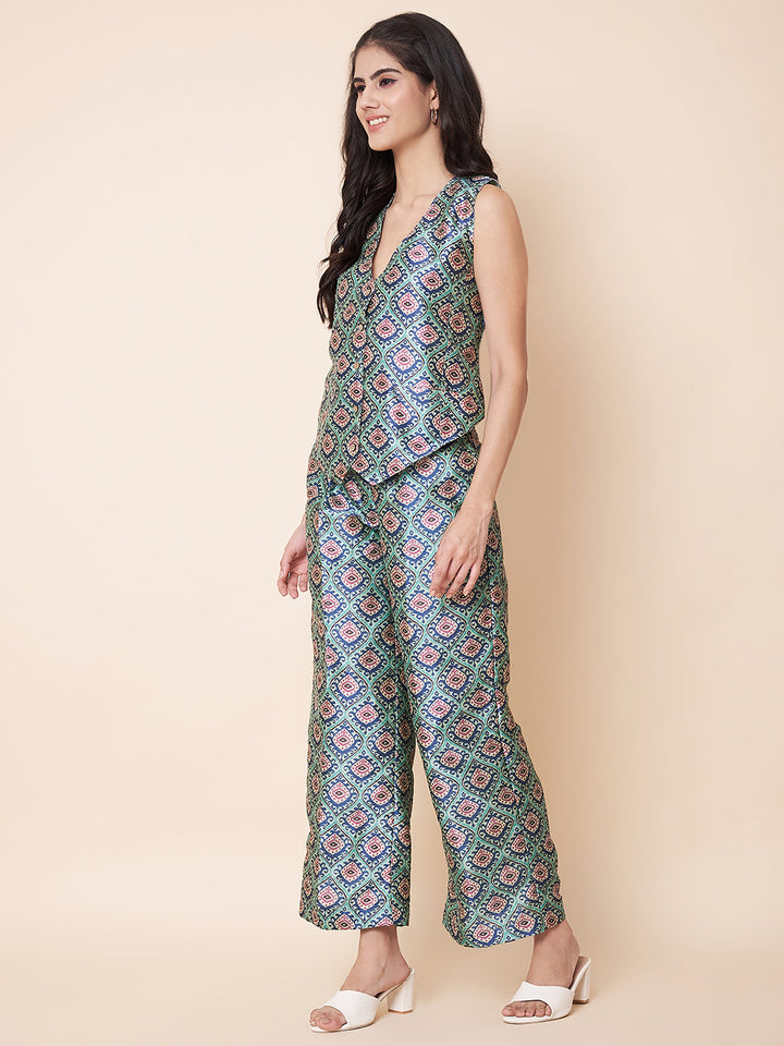 anokherang Combos Pastel Blue Printed Waist Coat Top with Pants